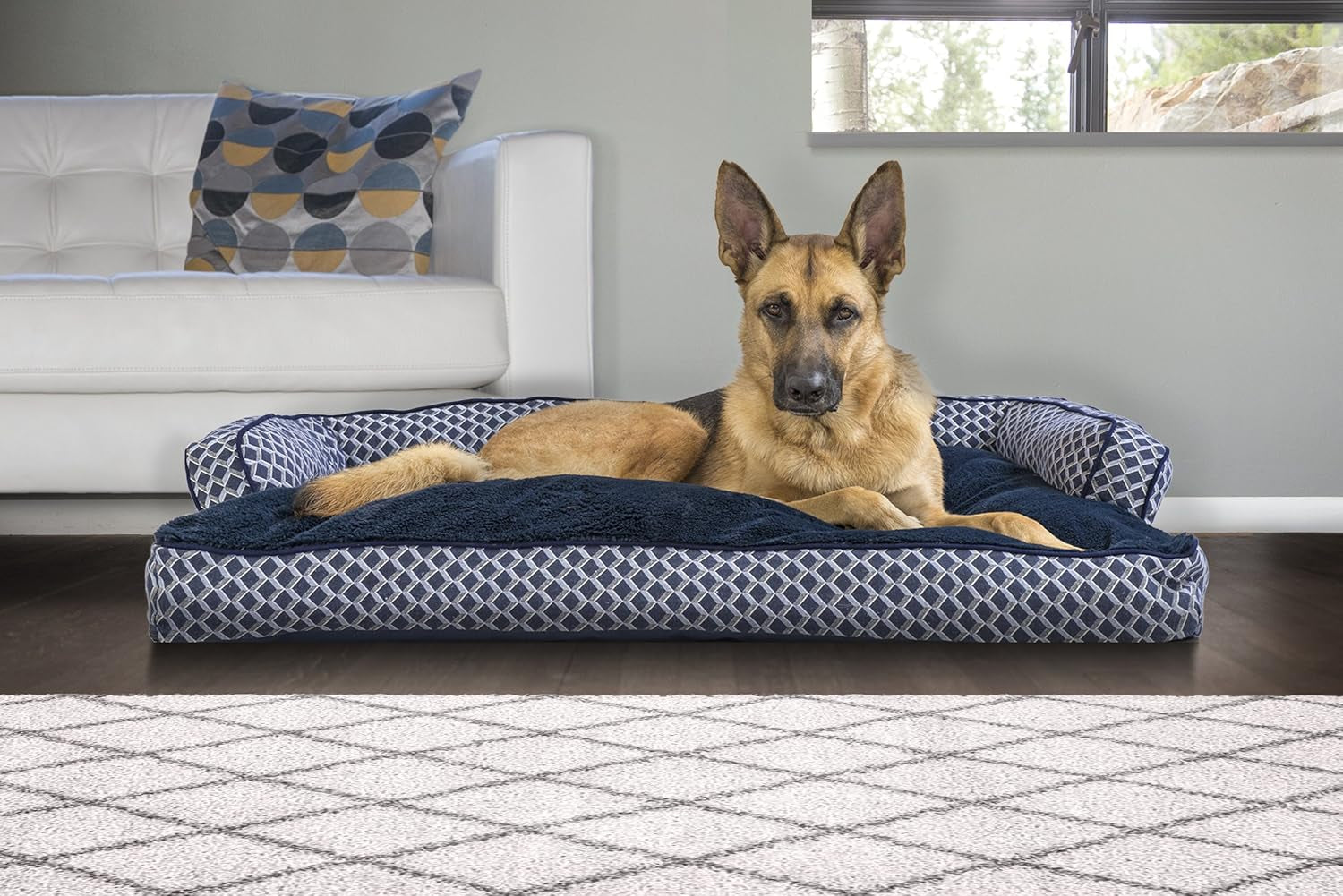 Pillow Dog Bed for Large Dogs W/ Removable Bolsters & Washable Cover - Plush & Woven Decor Comfy Couch Sofa - Diamond Blue, Jumbo/Xl